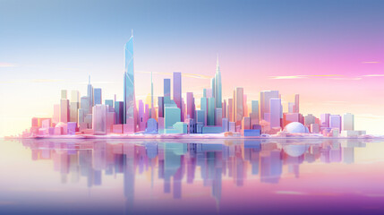 A city skyline is reflected in the water. The city is a mix of tall buildings and a small island. The sky is blue and the water is calm