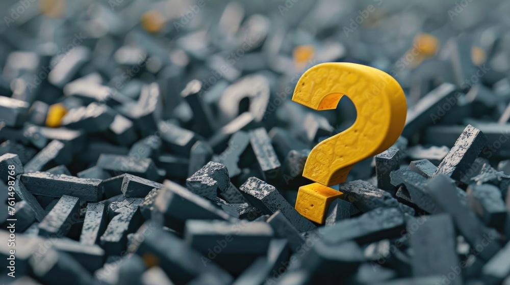 Aufkleber a yellow question mark stands out in a pile of black bricks. suitable for illustrating uniqueness an