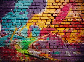 Multicolored graffiti urban aesthetic brick wall background