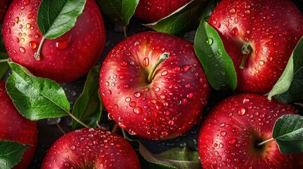 Fresh red apples with vibrant green leaves and water drops