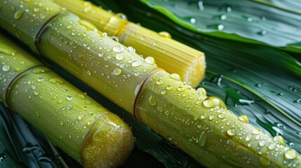 Fresh sugarcane with vibrant green leaves and water drops