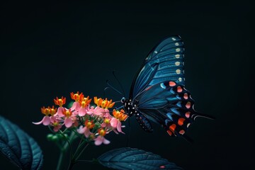 butterfly on flower isolated on black background