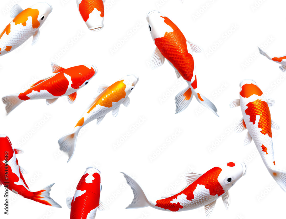 Poster orange red koi fish in a pond viewed from above, isolated - Posters