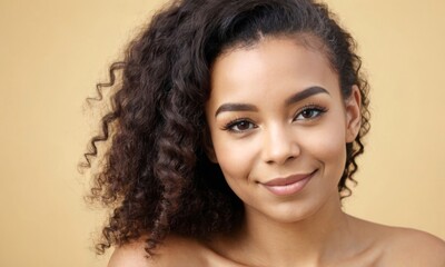 African american dark skinned young woman with curly hair is smiling at the camera. She has a natural, relaxed look on her face. Portrait over beige background