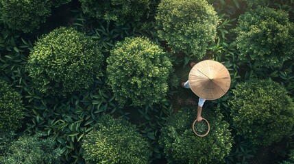 An aerial view reveals a chic lady amidst tea trees, her bamboo basket brimming with freshly picked...