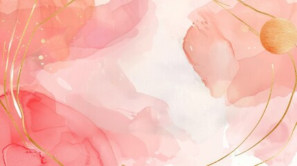 A backdrop of light pink and peach watercolors, accented by a minimalist thin gold frame encircling the center.