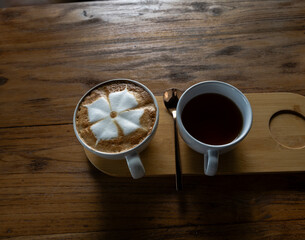 coffee and wooden tray and tea