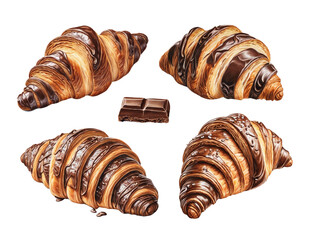 Illustrations of croissants and chocolate. Color pencil drawings. Perfect for product packaging, home textile, wrapping paper and stationery