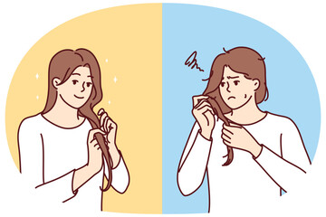 Unhappy woman examines problematic hair in need of hairdresser help and smiling girl is pleased with own hairstyle. Female characters for advertising shampoo or hair care lotion. Flat vector image