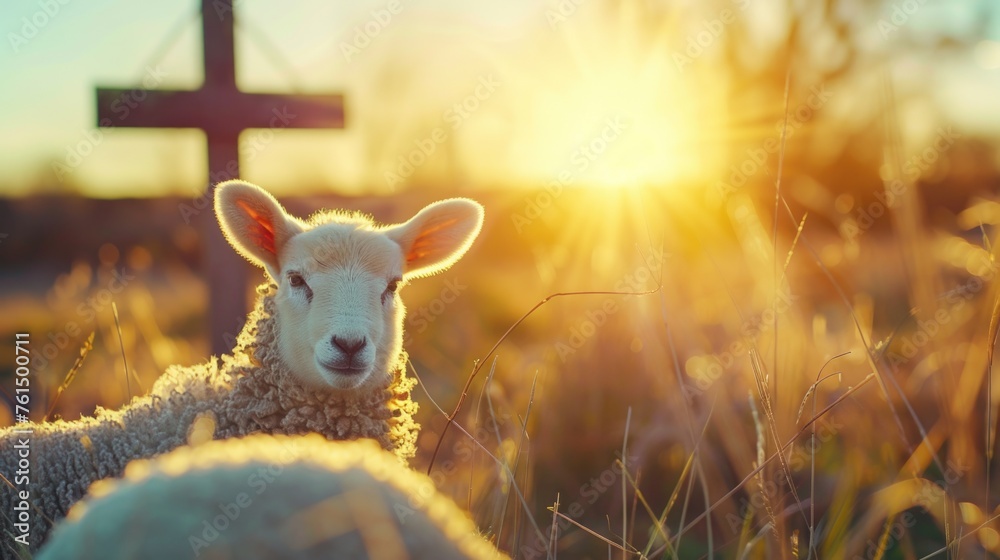 Poster A sheep standing in a field with a cross in the background. Suitable for religious themes