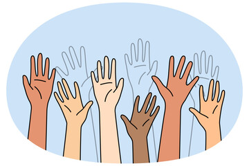 Closeup of multiracial hands raise up in air. Diverse interracial people palms rise up volunteer or vote. Vector illustration. - obrazy, fototapety, plakaty