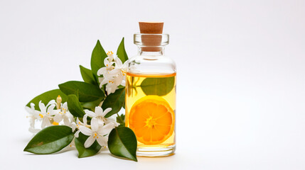 bottle of perfume with fresh jasmine flowers