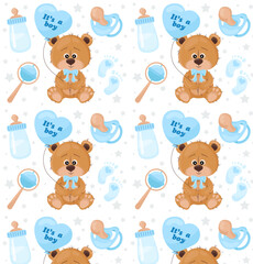 This is a boy. Pattern with a cute bear and a balloon with an inscription in blue. Teddy bear, pacifier, bottle, rattle and footprints in flat style. For textile, wrapping paper, background.