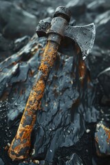 Fototapeta premium An old axe stuck in a pile of coal. Suitable for industrial concepts