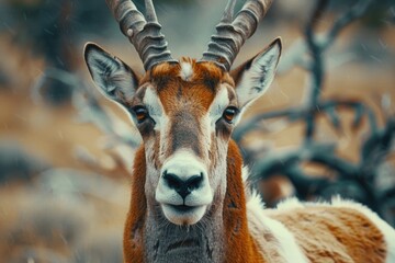 Close up of an antelope with impressive horns. Great for wildlife projects - obrazy, fototapety, plakaty
