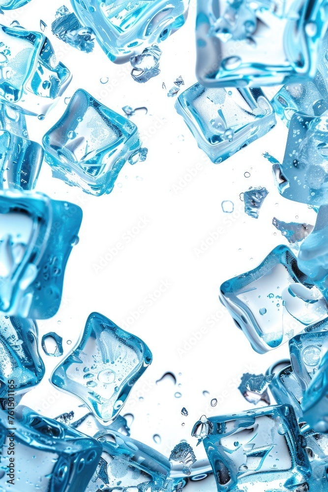 Poster a group of ice cubes sitting on a table. perfect for beverage and summer themes