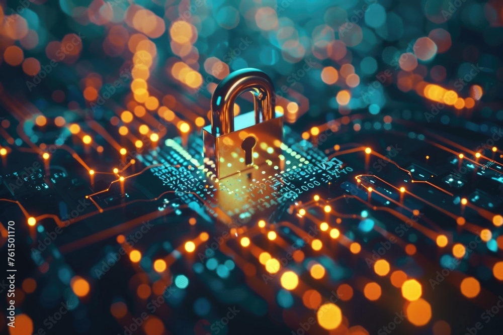 Aufkleber Detailed close up of a lock on a circuit board. Suitable for technology and security concepts