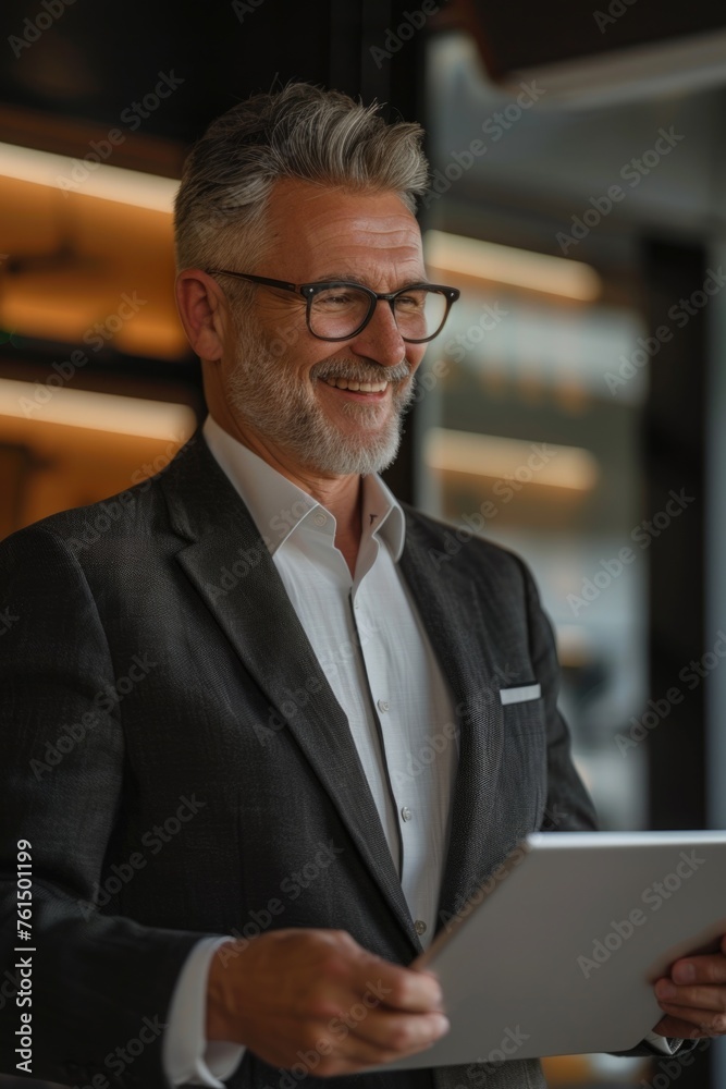 Aufkleber a man in a suit holding a tablet computer. suitable for business concepts