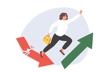 Successful businesswoman performs superhero jump, improving company financial performance. Concept of stopping decline and starting to grow business, thanks to professional actions businesswoman