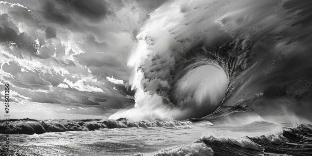 Poster a powerful black and white image of a large wave crashing. perfect for illustrating the force of nat