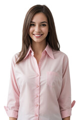 Stylish young woman wearing a pink office shirt, smiling and looking at the camera.  isolated, transparent background, no background. PNG.