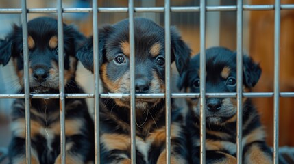 Group of adorable puppies sitting inside a cage. Suitable for animal shelter concept