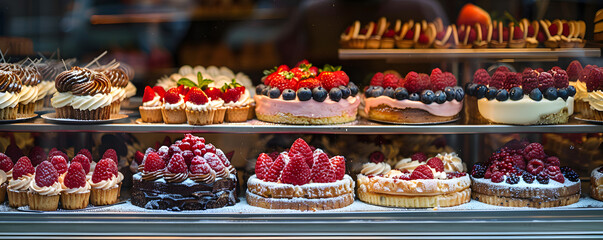 An enticing display of gourmet desserts, featuring fruit-topped tarts and richly decorated cupcakes, behind the glass of a bakery window. - obrazy, fototapety, plakaty