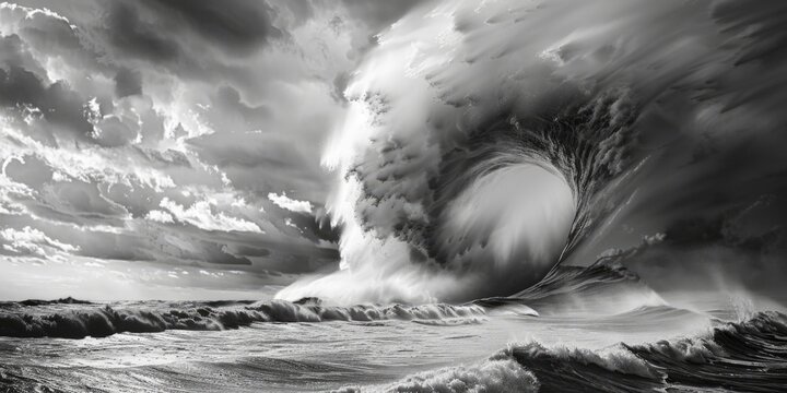 A powerful black and white image of a large wave crashing. Perfect for illustrating the force of nature