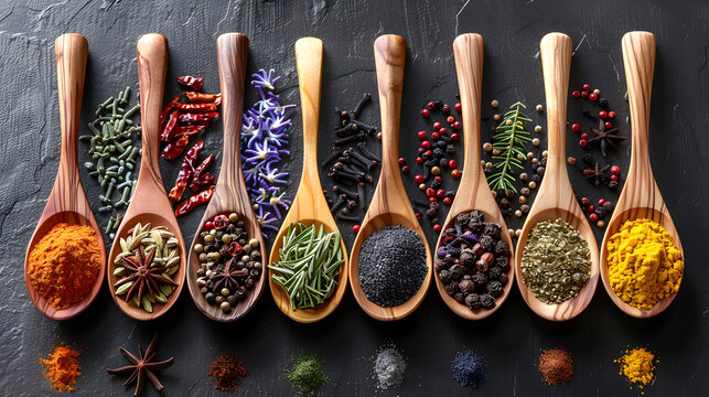 An array of colorful spices and herbs neatly arranged on wooden spoons against a dark background, showcasing culinary diversity.