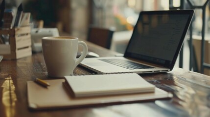 Modern laptop computer on a rustic wooden desk, suitable for technology or work from home concepts