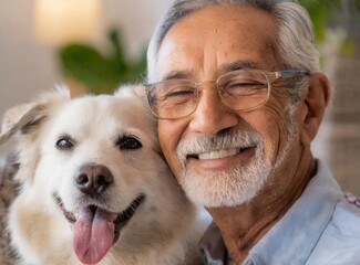 Old man with dog at home