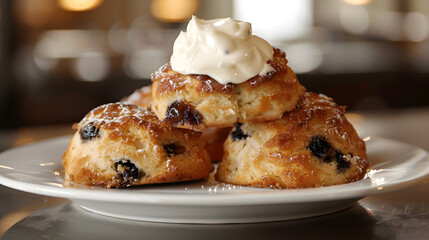 Decadent scones with cream topping on plate