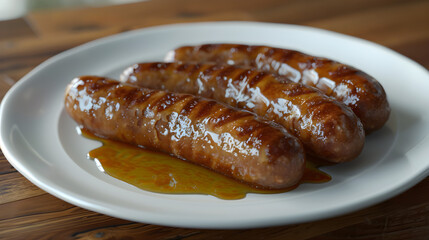 Juicy grilled sausages on white plate