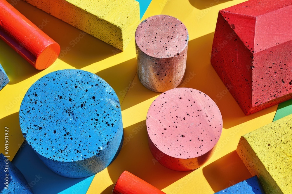 Poster colorful concrete blocks arranged with a wooden block. great for construction or design concepts