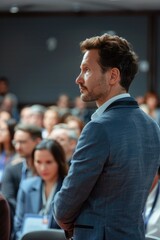 A man standing in front of a crowd of people. Suitable for business and leadership concepts