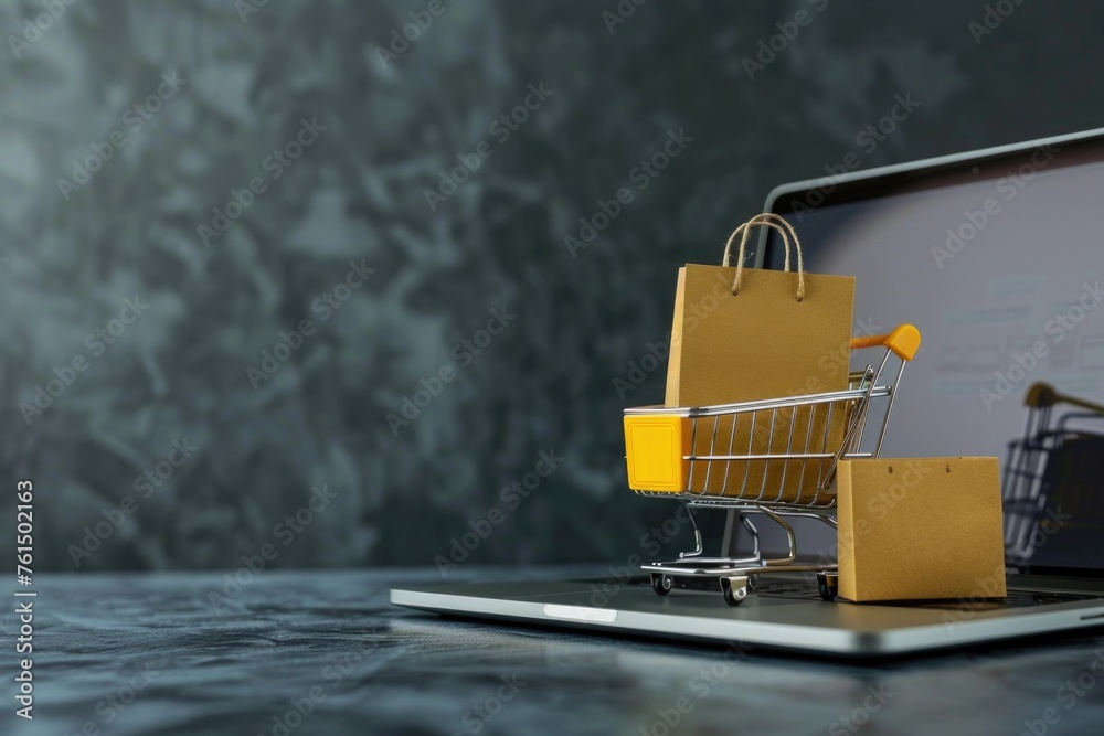 Poster a shopping cart placed on top of a laptop. suitable for technology and online shopping concepts