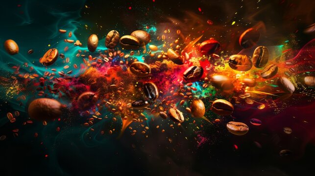 Colorful Cofee Beans Exploding Against a Dark Backdrop