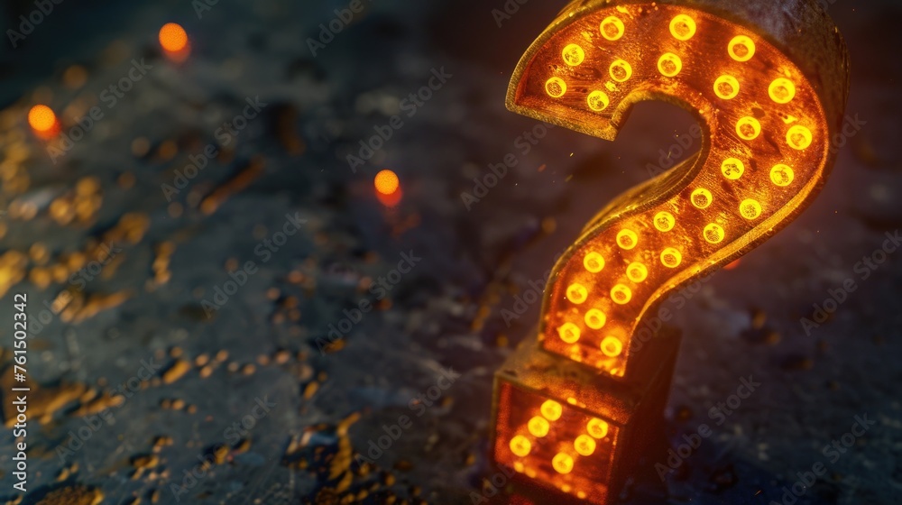 Poster Illuminated question mark symbol on a shiny, wet background. Ideal for educational or abstract concepts