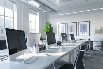 Row of computers on a white desk, suitable for office or technology concepts