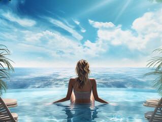 Rear view of young woman relaxing in swimming pool with ocean view 