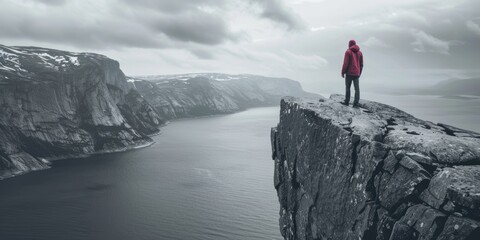 A person standing on a cliff overlooking a body of water. Suitable for travel and adventure concepts