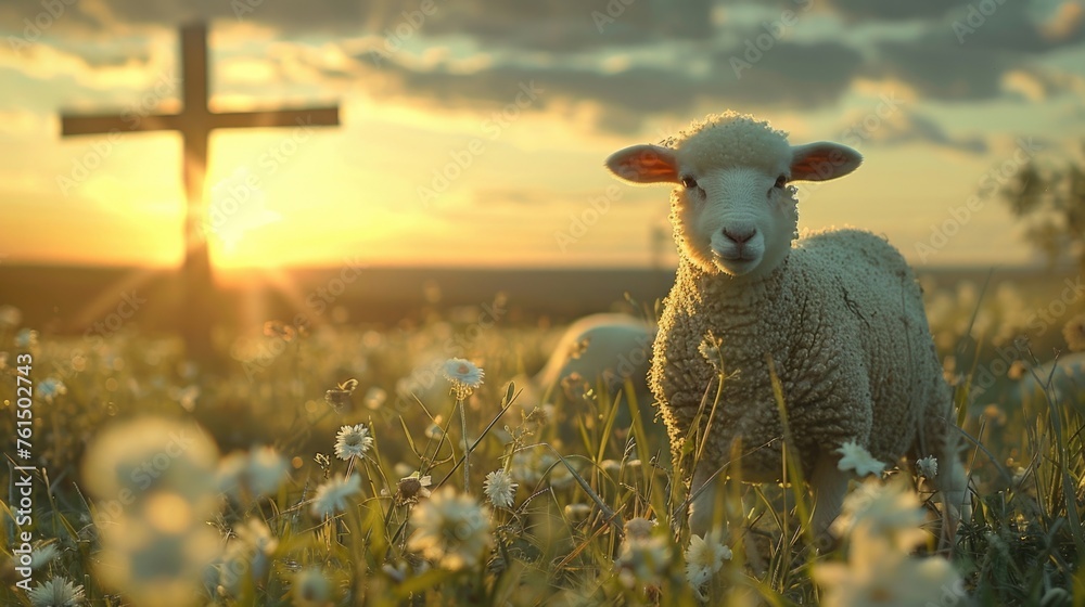Poster A peaceful scene of a sheep standing in a field with a cross in the background. Suitable for religious or pastoral themes