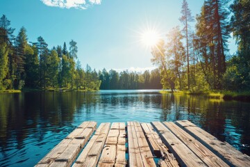 A serene wooden dock floating on a calm lake. Perfect for nature and relaxation concepts - obrazy, fototapety, plakaty
