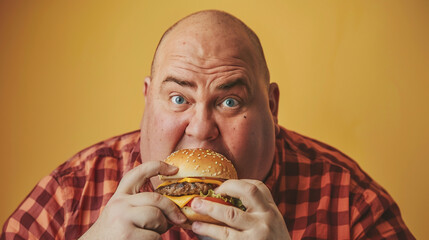 A man with a big head is eating a hamburger