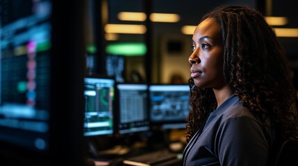 African american policewoman in uniform at station, analyzing reports on computer