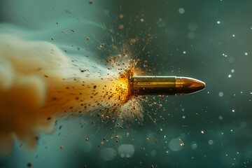 A bullet is shot out of a gun, leaving a trail of smoke and debris in its wake - obrazy, fototapety, plakaty