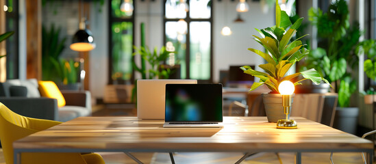 modern co working space design with laptops on table with houseplant