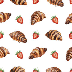 Seamless pattern design with Illustrations of chocolate croissants and strawberries. Color pencil drawings. Pattern for product packaging, home textile, wrapping paper and stationery