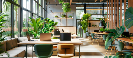modern co working space design with laptops on table with houseplant