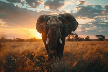 Majestic elephant standing in a field at sunset, suitable for nature or wildlife themes